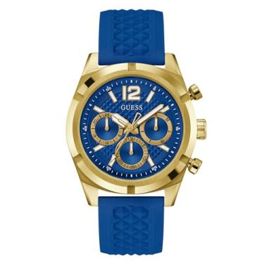 Imagem de Relógio masculino GUESS de 44 mm, pulseira azul, mostrador azul, caixa dourada