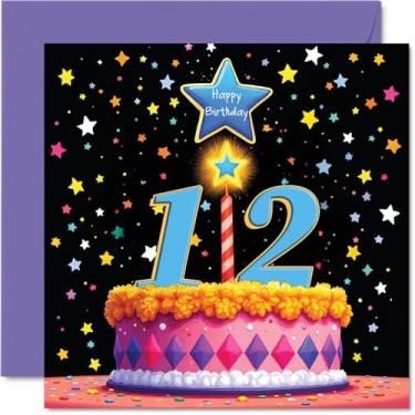 Imagem de Stuff4 Cartões de aniversário de 12 anos para meninos e meninas - Bolo rosa e estrelas - Cartão de feliz aniversário para meninos de 12 anos, filha, neta, filho, irmã, cartões comemorativos de 14 cm
