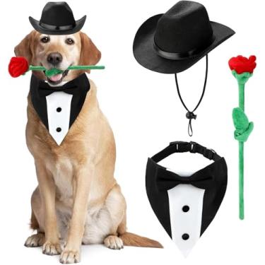 Imagem de Fantasia de cachorro para dia dos namorados, chapéu de caubói formal, bandanas de smoking e presente de rosa, roupa de dia dos namorados para cães médios e grandes com chapéu de cowboy para animais de