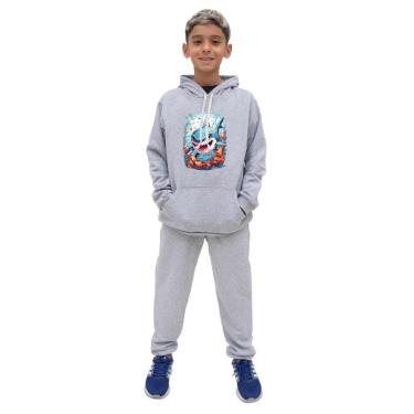 Imagem de Conjunto Infantil Menino Estampa Tubarao Blusa Canguru e Calça Moletom Toque Macio-Masculino