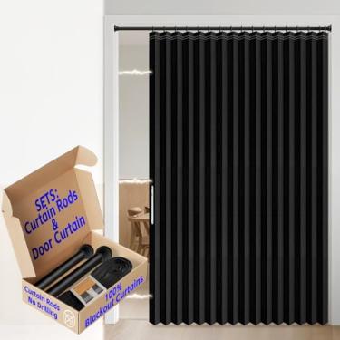 Imagem de AJAZZ Cortinas de porta deslizante 100% blackout para portas, cortina magnética para quarto, sala de estar, conjunto de cortinas (1 pacote, 184 L x 78 C, preto + varão)