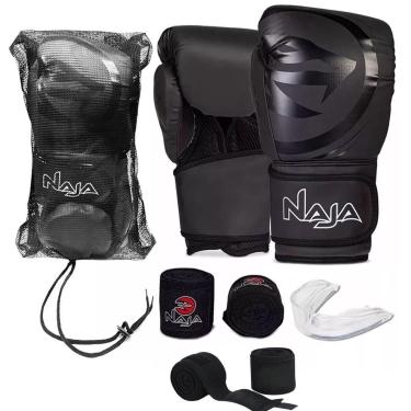 Imagem de KI Luva de Boxe e Muay Thai Black Line Naja + Bandagem + Protetor Bucal + Bandagem Extra Sortida-Unissex