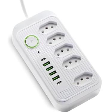 Imagem de Filtro de Linha com 5 Tomadas, 4 USB-A e 2 USB Tipo-C, Cabo 2 Metros, Bivolt 110-220V, 2500W, Carregamento Inteligente, Branco