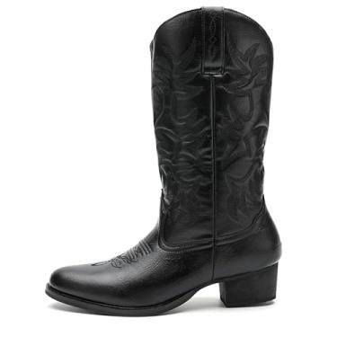Imagem de Botas de cowboy para homens, bico quadrado, bordadas, cano médio, couro sintético, retrô, botas de cavaleiro vintage ocidentais com salto grosso e design de puxar, Preto, 44