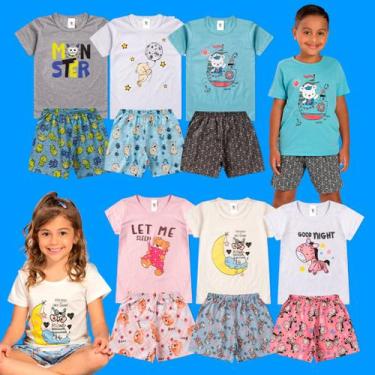 Imagem de Kit Pijama Infantil Menino 6 Peças  3 Camisetas + 3 Shorts  Roupa De D