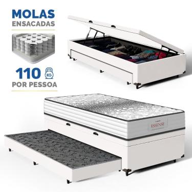 Imagem de Cama Box Baú com Colchão de Molas Ensacadas Double Face Essence Probel + Auxiliar Solteiro 88cm
