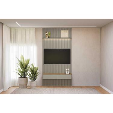 Imagem de Rack Bancada c/ Painel p/ TV até 60 Pol Modular 1.4 Ripado 2 Portas 1 Prat. 141x250cm Tauari/Gris Fosco - Linea Brasil