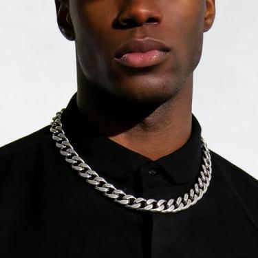 Imagem de Corrente cubana pesada unissex de aço inoxidável, colar Miami, hipoalergênica, resistente ao suor, 55 cm, corrente clássica de elos cubanos para homens e mulheres, colar de 0,8 cm de largura, joia hip