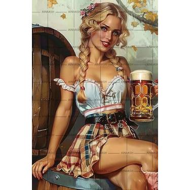 Imagem de Placa vintage de lata de trigo barril de cerveja pin up girl metal poster decoração de parede placas de cerveja alumínio parede público para decoração de bar de casa cozinha garagem café pub decoração