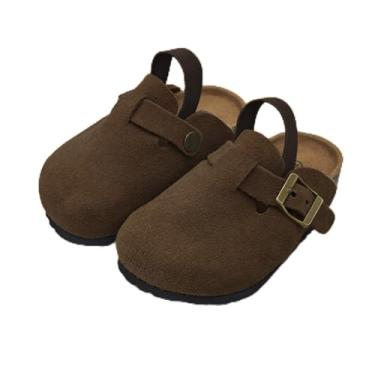 Imagem de Sandálias infantis de camurça para meninos e meninas, palmilha de cortiça, chinelos infantis sem cadarço para uso interno e externo, Café, 11 Toddler