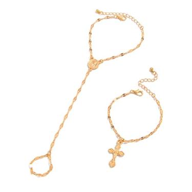 Imagem de QLYOVWE 2 peças crucifixo católico virgem maria rosário pulseira para mulheres banhado a ouro 14K Jesus cruz pilha pulseira religiosa oração amuleto joia presente para confirmação batismo primeira