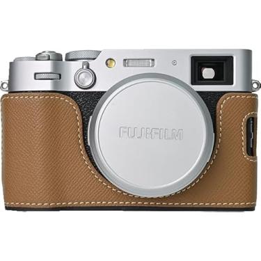 Imagem de Capa X100VI, capa BMAOLLONGB feita à mão de couro PU meia câmera versão abertura inferior para Fujifilm X100VI com alça de mão (marrom)