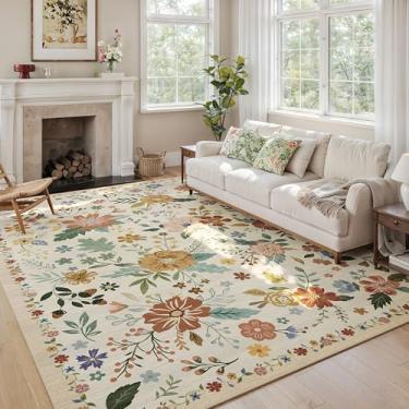 Imagem de ARKIIKI Tapete para sala de estar, 20 x 25 cm, lavável na máquina, boho, antiderrapante, floral, vintage, pilha baixa, tapetes grandes para sala de estar, quarto, casa de fazenda, sala de jantar