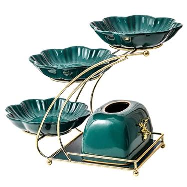 Imagem de Cesta de frutas de cerâmica de 3 níveis, tigela de frutas com caixa de lenços, bancada de pão de vegetais suporte de armazenamento de frutas para organizar cozinha tigela de frutas (cor: azul) (azul)