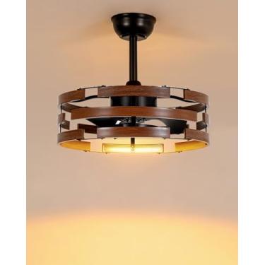 Imagem de Roomratv Ventilador de teto para casa de fazenda com luzes, ventilador de teto sem lâminas com gaiola de 50 cm com controle remoto, pequeno ventilador fechado para quarto e sala de estar