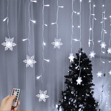 Imagem de Luzes de cortina de floco de neve, 4 m 96 luzes LED de floco de neve de Natal com controle remoto, 18 gotas, 8 modos de luz cintilante para árvore de Natal, quarto, casa, feriado, decoração de quintal