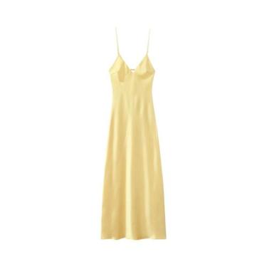 Imagem de Vestido Maxi Feminino De Cetim Com Decote V E Costas Abertas, Solto E 