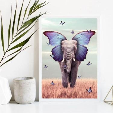 Imagem de Quadro Elefante Borboleta Azul 33X24Cm Vidro Moldura Branc