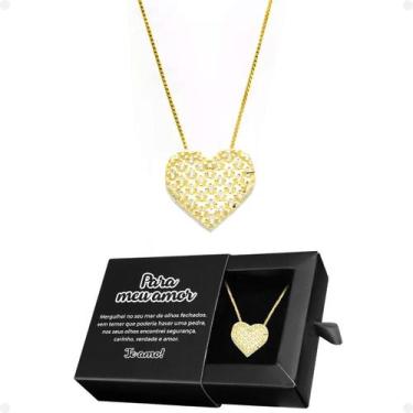 Imagem de Colar Feminino Aço Inox Dourado + Pingente Coração Strass + - Orizom