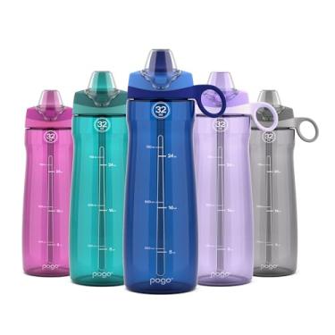 Imagem de Pogo Garrafa de água de plástico Tritan livre de BPA com canudo macio, 946 ml, azul