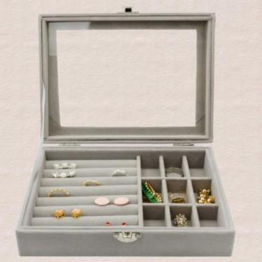 Imagem de Porta Joias Luxo com Tampa de Vidro e Divisórias para Anéis 20x15x5cm 