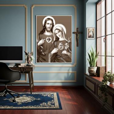 Imagem de Quadro Sagrado Coração de Jesus e de Maria P&B - 70x50cm