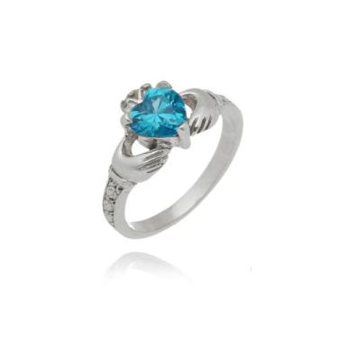 Imagem de Anel Solitário Claddagh Pedra Água Marinha Prata 925 Kl, 35