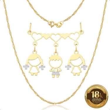 Imagem de Cordão 50cm Com Canga E Pingentes filhos Meninas e Menino Ouro 18k (2 