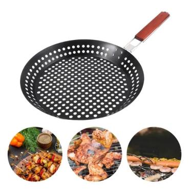 Imagem de Grelha Antiaderente com Cabo para Camarões Frutos do Mar e Legumes Metal com Revestimento Preto