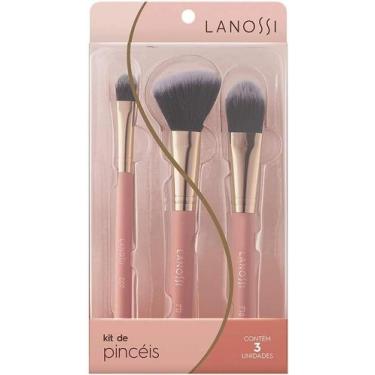 Imagem de Kit 3 Pincéis Rose Gold Lanossi Beauty & Care  Maquiagem Facial, Rosa 