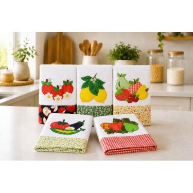 Imagem de Kit 5 Panos de Prato Patchwork Frutas Algodão Absorvente Cozinha - Art