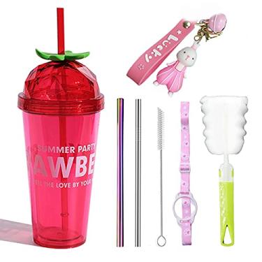 Imagem de Caneca de viagem de morango com canudo brilhante copo de gelo copo de glitter copo de festa presente de piquenique (morango vermelho, 420 ml)