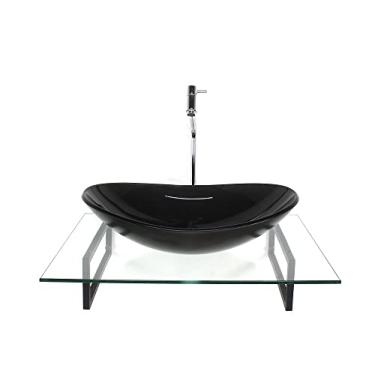 Imagem de KIT CUBA DE VIDRO OVAL GRAFITE COM TAMPO 60CM INCOLOR E SUPORTE TORNEIRA VALVULA