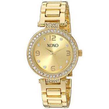 Imagem de Relógio feminino XOXO com pulseira dourada – Bisel elegante enfeitado com cristal, caixa fina de 33 mm, mostrador dourado elegante, movimento analógico de quartzo, pulseira de metal durável, serve em