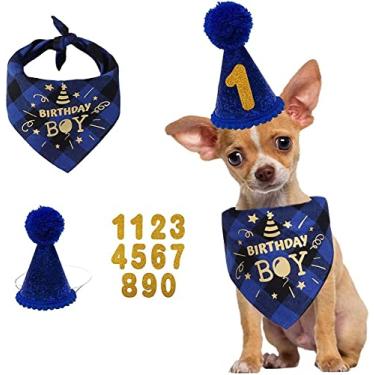 Imagem de Conjunto de festa de aniversário para cães, cachecol triangular, bandana de aniversário para cães, chapéu de aniversário com número de aniversário, chapéu de cachorro para artigos de festa de aniversário para cães (chapéu azul, bscarf&número)