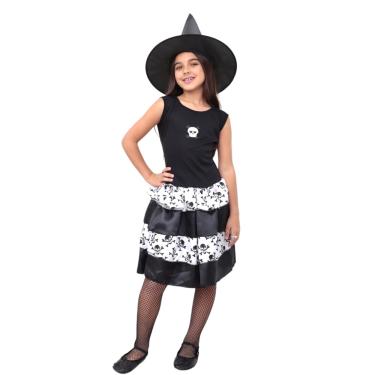Imagem de Fantasia Halloween Feminina Infantil Bruxinha Com Chapéu Vestido de Bruxa Feiticeira Carnaval