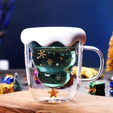 Imagem de LNGODEHO Caneca de Natal criativa de 293 g/300 ml caneca de vidro de camada dupla árvore de Natal copo estrela caneca resistente a altas temperaturas copos de água de camada dupla