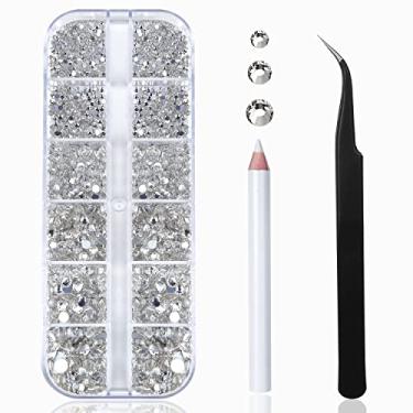 Imagem de Nail Art Rhinestones Kit HUETFAT 2400pcs Nail Gems Crystal Clear Flatback Rhinestones Gems Stones, with Storage Organizer Box/Wax Pencil/Tweezers 6 Sizes (1.9-4.5 mm) for Nail Art Craft