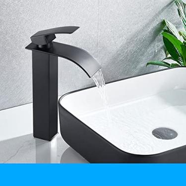 Imagem de Torneira para lavatório em cascata preto fosco, misturador de alça única, torneira de guindaste de água quente e fria para banheiro, torneira misturadora, alta, preto fosco