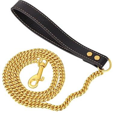 Imagem de IDoFas Coleira para cães de comprimento total de 1,22 m, corrente de ouro com alça de poliuretano, corrente de elos cubanos de 10 mm de largura. Coleira de treinamento de caminhada resistente para cães pequenos, médios e grandes.