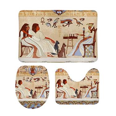 Imagem de My Little Nest Conjunto de tapetes e tapetes de banheiro, 3 peças, cena do antigo Egito, lavável, antiderrapante, em forma de U, tapete e tampa para banheiro