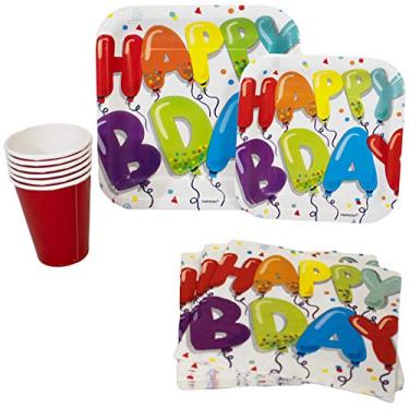 Imagem de Pacote de férias! Pratos de papel, guardanapos e copos descartáveis para 15 – Inclui pratos de sobremesa, pratos de jantar, guardanapos e copos, Colorful Happy Birthday