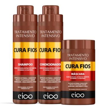 Imagem de Kit Eico Cura Fios Shampoo Sem Sal E Condicionador Leave-In 800ml + Má