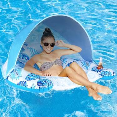 Imagem de Boia de piscina COOLCOOLDEE com cobertura para adultos - Cadeira inflável extragrande com capa de proteção solar ajustável, porta-copos, apoio de cabeça ergonômico