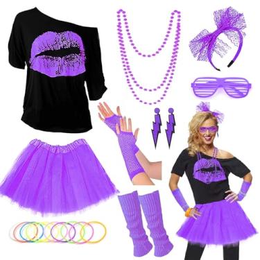 Imagem de RonFoxi Fantasia feminina atualizada dos anos 80, conjunto de acessórios de fantasia de festa dos anos 80 com camiseta, saia tutu etc, Roxo (sem cintura), Large