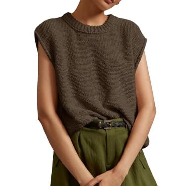 Imagem de Saodimallsu Suéter feminino sem mangas gola redonda malha canelada 2024 suéter moderno colete, Café, P