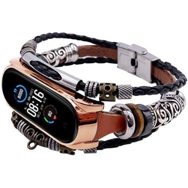 Imagem de TwiHill Pulseira Para Xiaomi Mi Band 6 Moda Couro Beading Pulseira Strap Weave Braideds Pulseira De Reposição Ajustável Artesanal Para Xiaomi Mi Band 6 Smart Fitness Tracker Para Mulheres Homens, Pulseira Mi Band 6 (Couro marrom & casca de ouro rosa)
