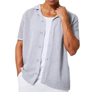 Imagem de Kissonic Camisa masculina de malha manga curta verão vazada camisa polo praia abotoada, Cinza-claro, P