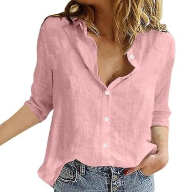 Imagem de Camiseta feminina de linho, gola V, abotoada, cor sólida, manga comprida, casual, túnica grande, rosa, XXG