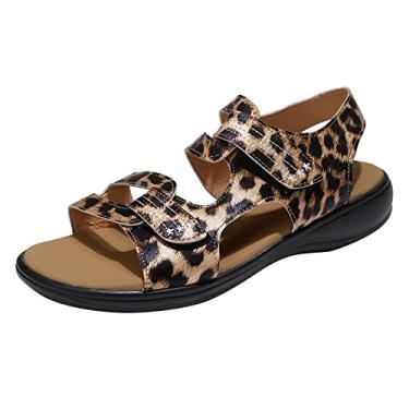 Imagem de Sandálias femininas estilo cunha moda verão estampa leopardo couro aberto dedo do pé gancho sandálias planas, Amarelo, 7.5 X-Narrow